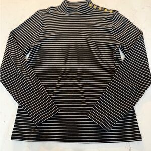 J.Crew Stripped Black and White Mockneck Top with Gold Button Details